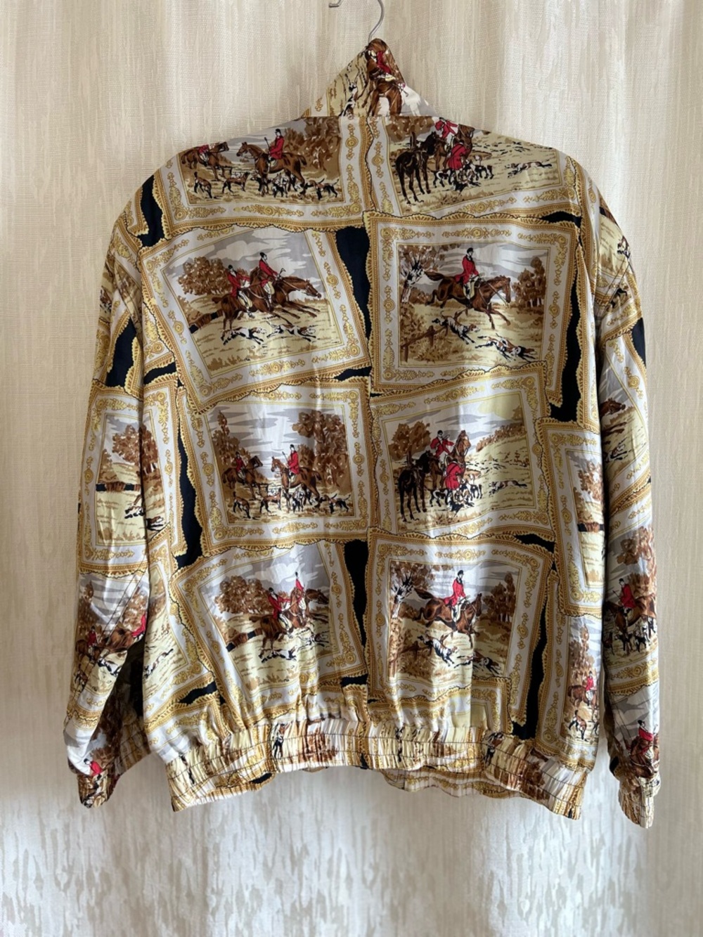 Vintage Bogari Studio 100% Silk Equestrian Fox Hunt Bomber Jacket -Funnel Neck - Picture 8 of 9